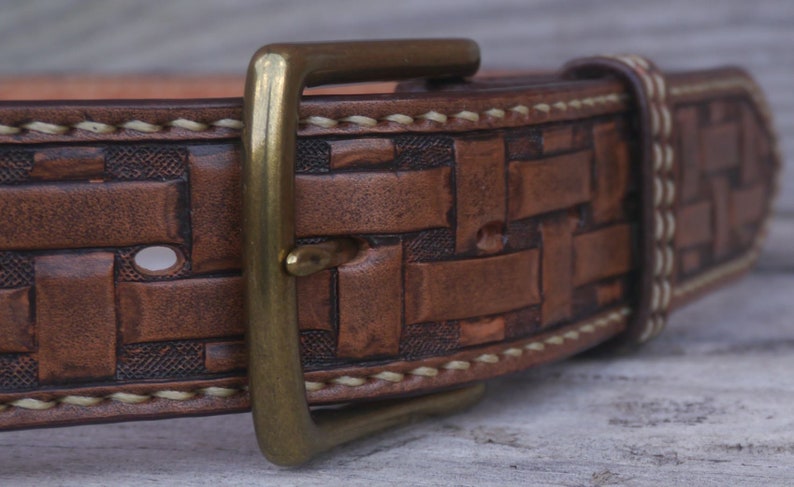 Hand saddle stitched and tooled leather belt Lattice image 1