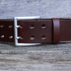 Men&#39;s 2 Inch Wide Cognac Leather Belt, Heavy 105gram High Quality Precision Machined Solid Stainless Steel Double Tine Heel Bar Buckle