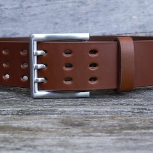 Men&#39;s 2 Inch Wide Tan Leather Belt, Heavy 105gram High Quality Precision Machined Solid Stainless Steel Triple Tine Heel Bar Buckle