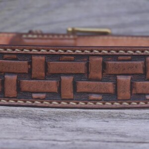 Hand saddle stitched and tooled leather belt Lattice image 4