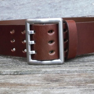 Men&#39;s 2 Inch Wide Cognac Leather Belt, Heavy 105 gram High Quality Precision Machined Solid Stainless Steel Triple Tine Centre Bar Buckle