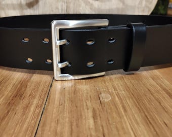 ブラックダブルホールベルト、メンズレザーベルト、ダブルプロングフル
