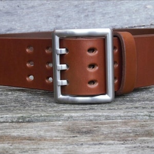 Men&#39;s 2 Inch Wide Tan Leather Belt, Heavy 105 gram High Quality Precision Machined Solid Stainless Steel Triple Tine Centre Bar Buckle