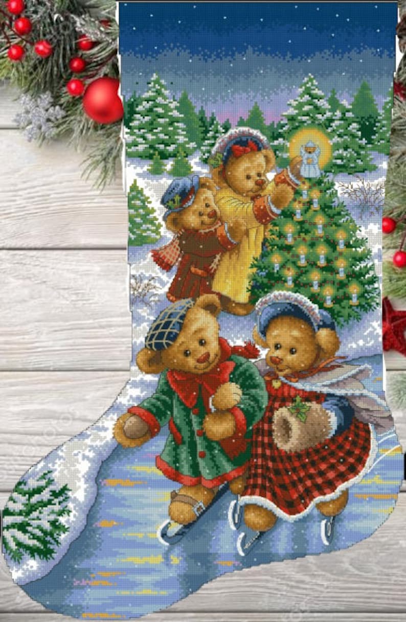 Victorian Teddy Bears Stocking Cross stitch Pattern Christmas Needlepoint stocking pattern Instant download cross stitch chart PDF Pattern