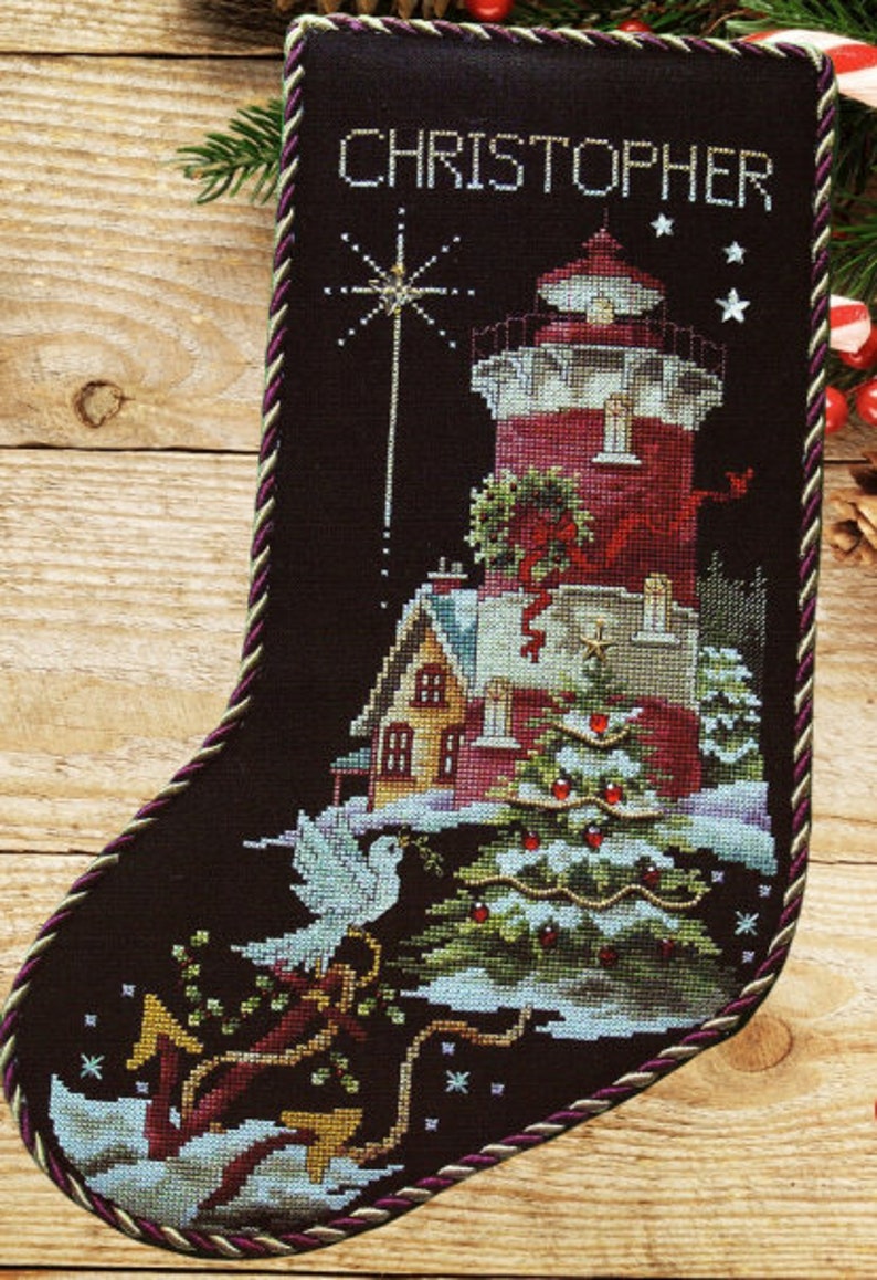 Black Stocking Cross Stitch pattern Lighthouse Christmas Etsy