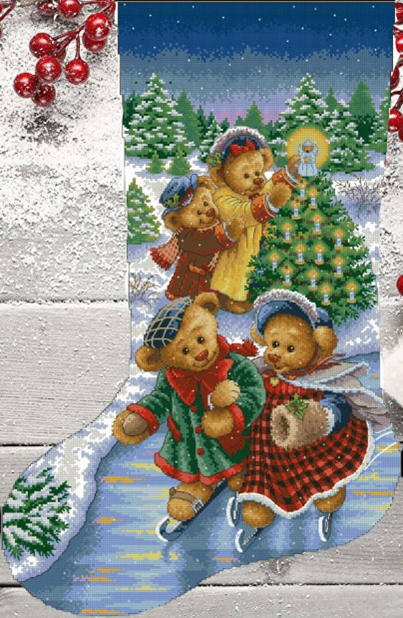 Victorian Teddy Bears Stocking Cross stitch Pattern Christmas Needlepoint stocking pattern Instant download cross stitch chart PDF Pattern