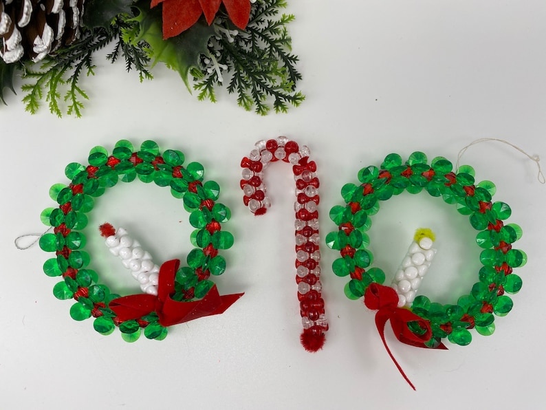 Vintage Beaded Christmas Ornaments Handmade Ornament set GIft Exchange Wreaths with candles Candy cane