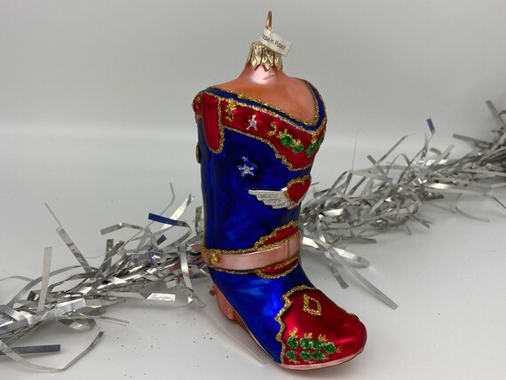 Vintage Cowboy Boot Blown Glass Ornament, Western holiday Decoration, gift for cowgirl