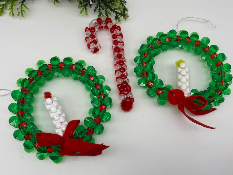Vintage Beaded Christmas Ornaments Handmade Ornament set GIft Exchange Wreaths with candles Candy cane