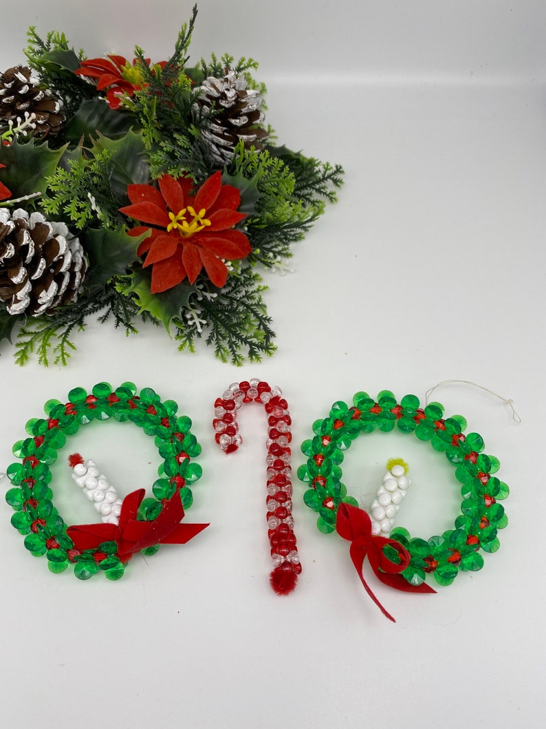Vintage Beaded Christmas Ornaments Handmade Ornament set GIft Exchange Wreaths with candles Candy cane