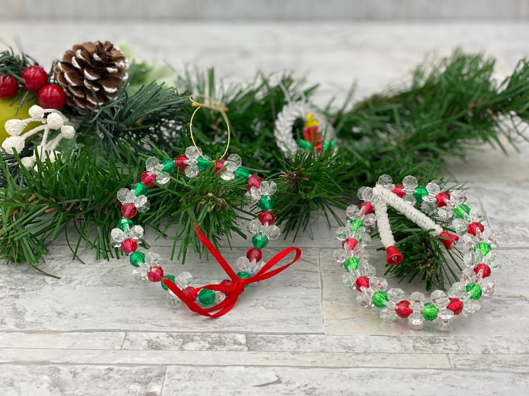 Vintage Beaded Christmas Ornaments Set of 3 Wreaths Handmade Etsy