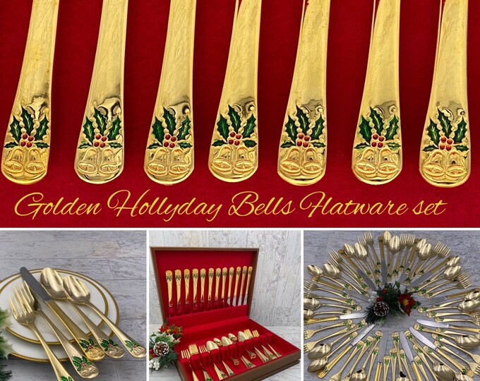 Gold Flatware Set, Christmas Hollyday Bells, Service for 12 Vintage