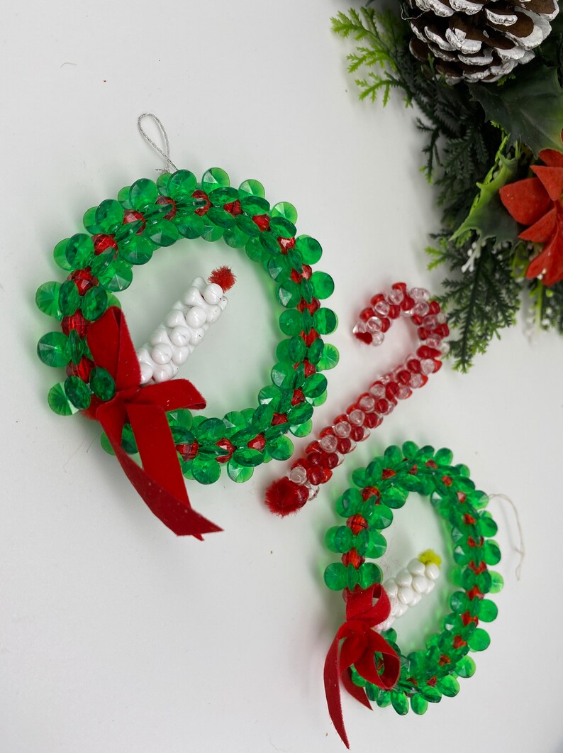 Vintage Beaded Christmas Ornaments Handmade Ornament set GIft Exchange Wreaths with candles Candy cane