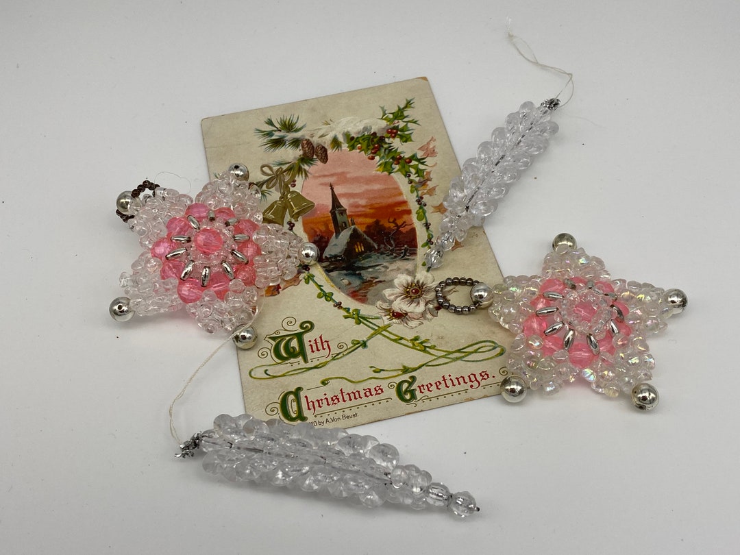 Vintage Beaded Christmas Ornaments, Handmade Ornament, Set of Four