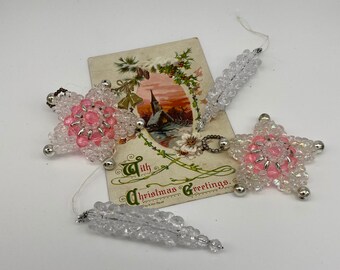 Vintage Beaded Christmas Ornaments, Handmade ornament, Set of Four, Ornament gift exchange