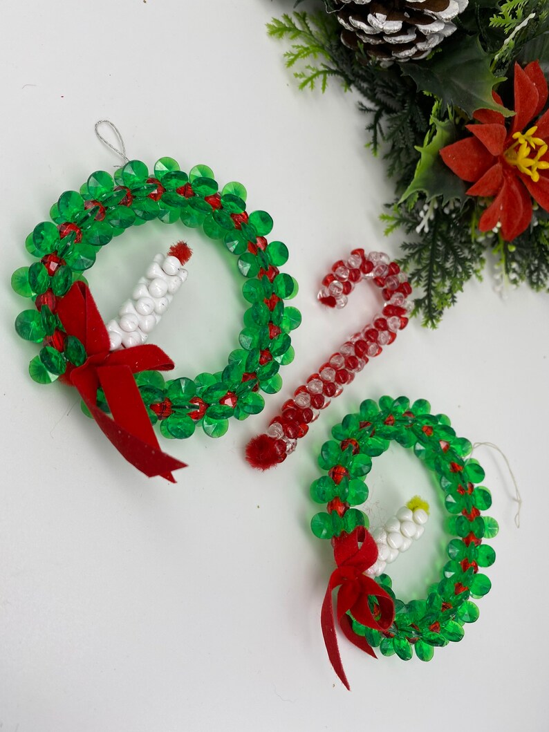Vintage Beaded Christmas Ornaments Handmade Ornament set GIft Exchange Wreaths with candles Candy cane