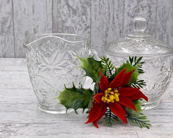 Princess House Fantasia Cream and sugar set, Vintage poinsettia floral pattern pressed glass