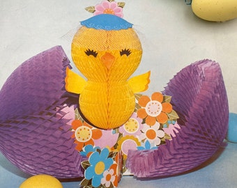 Vintage Easter Yellow Chick in Egg Honeycomb, Easter Table Centerpiece, Party Decor