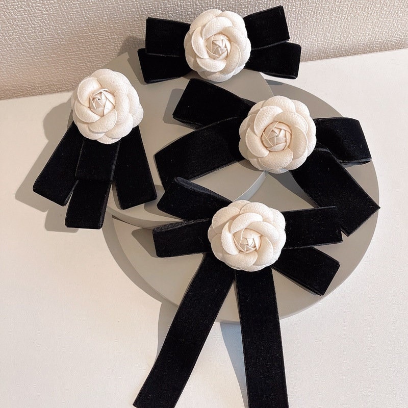 Chanel Black Fabric Camellia Flower Brooch And Ribbon AUTHENTIC