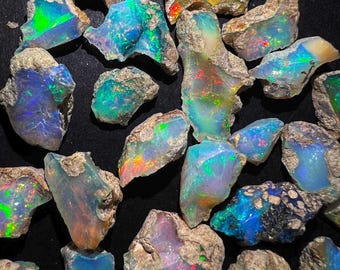 May include: A collection of rough opal gemstones in various shades of blue, green, and white with iridescent flashes. The opals are irregularly shaped and have a natural, raw appearance.