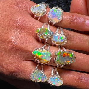 AAA Opal Rough gemstones Rings, 925 Sterling Silver Ring in Opal Gemstone, AAA quality Natural Ethiopian Multi Fire Opal Rough Gemstone Ring