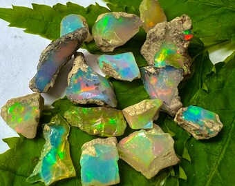 May include: A collection of raw opal gemstones with vibrant iridescent colors, including blues, greens, and oranges. The opals are displayed on a green leaf, showcasing their natural, rough textures and unique patterns. These gemstones are ideal for jewelry making.