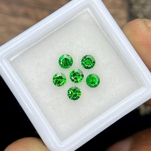 May include: Six round, faceted, bright green gemstones are displayed in a white plastic container. The gems are arranged in a circular pattern, each with a brilliant cut that reflects light. The container is held by a person.