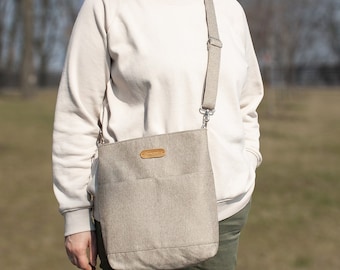 Beige Crossbody Bag with Pockets, Handmade Crossbody Fabric Handbag from Ukraine, Lightweight Shoulder Bag for Women, Gift Idea