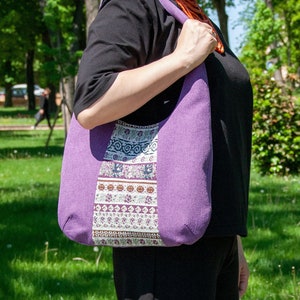 Embroidered Violet Hobo Bag: Handmade Canvas Boho Shoulder Tote