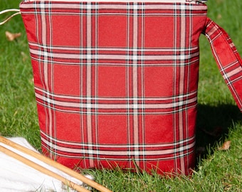 Red Tartan Knitting Project Bag: Handmade Zippered Yarn Organizer, Gift for Knitter, Crocheter
