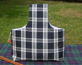 Plaid Black Wrist Project Bag: Handmade Knitting Crochet Tote, Gift for Knitter, Crocheter