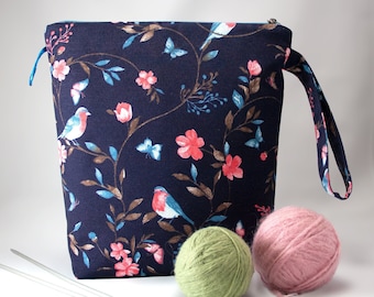 Bullfinch & Floral Handmade Knitting Project Bag, Yarn Storage Organizer with Zipper, Gift for Knitter