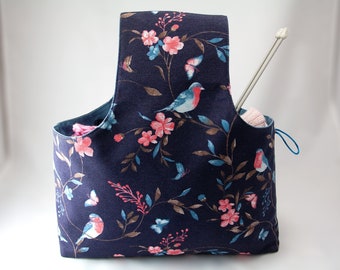 Floral Birds Wrist Project Bag: Handmade Knitting Crochet Tote, Gift for Knitter, Crocheter