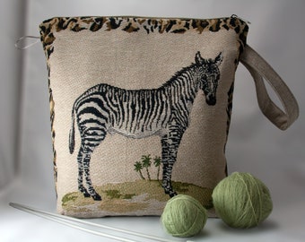 Zebra Tapestry Project Bag: Wedge-Style Knitting & Crochet Storage, Gift for Knitter