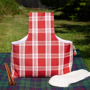 Wrist Project Bag for Knitting Crochet, Large Plaid Red Bag with Handle, Handmade Yarn Tote, Gift for Knitters, Free US shipping