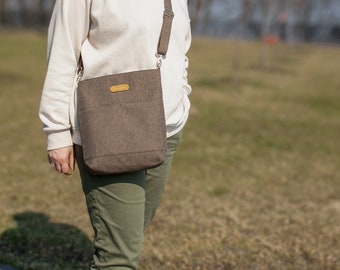 Brown Crossbody Bag with Pockets, Handmade Fabric Handbag from Ukraine, Lightweight Shoulder Bag, Gift Idea for friend
