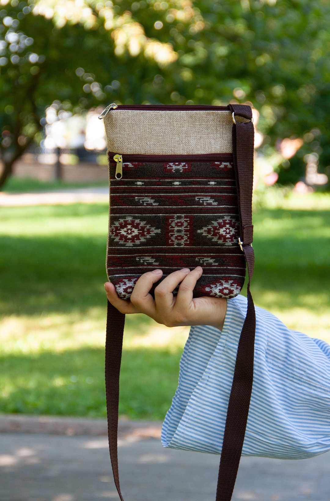 Beige Lightweight Crossbody Purse, Durable Handmade Travel Passport Crossbody Bag, Handmade Bag