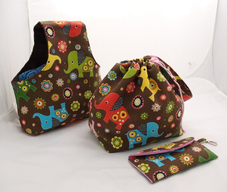Project Bag Kit with Colorful Elephants Mother and Daughter Gift Idea Gift for KnitterCrochet Yarn Balls Storage Kit