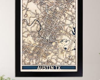 May include: A framed wooden map of Austin, Texas, with a blue background and the text "Austin TX". The map is made of natural birch wood and is handmade in the USA. The image also shows three icons: a green leaf, a map of the USA, and a thumbs up with five stars.