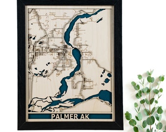 Palmer Wood Map | 3D Laser Cut Map | Handmade in USA  | 3D Palmer Alaska City Map | 5th Anniversary Gift | Personalized Valentines Day Gift