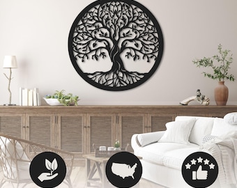 May include: A black, circular tree of life wall art made of natural birch wood. The tree design features intricate branches and roots within a circular frame. The text "Handmade in the USA" is also visible.