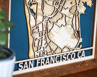 San Francisco CA- Layered 3D City Map - Made in Alaska, USA - Precise Laser Cut Gift - Intricate Hand Painted Waterways - Map Decor