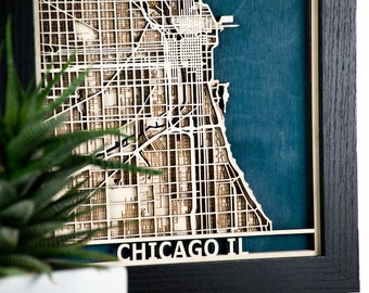 Chicago Laser Cut Map | Custom Wood Art | Handmade in USA  | 3D Chicago City Map | Engraved 5th Anniversary | Personalized Christmas Gift