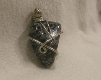 Snowflake Obsidian, tumbled stone, pendant necklace with silver plated wire wrap