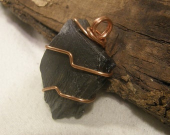 Black Onyx, rough stone, pendant necklace with copper wire wrap