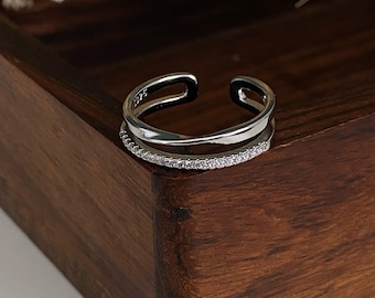 Adjustable Twist Ring, Silver Wrap Ring, Double Band CZ Ring, Minimalist Open Ring, Dainty Gift for Her, Everyday Stackable Ring