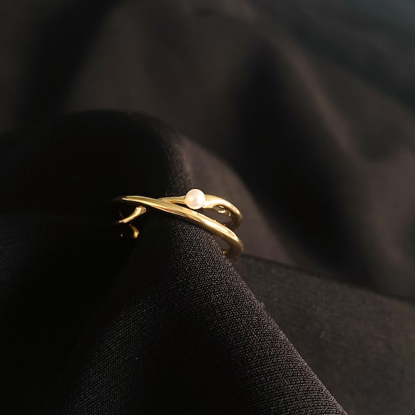 Gold Vermeil Perlen Twist Ring -Verstellbar