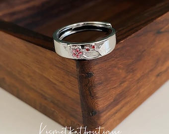Adjustable Band Ring with Cherry Blossom Carving for Couple Lovers, Sakura Ring, Flower Ring, Botanical Floral Ring Gift for Her or Him
