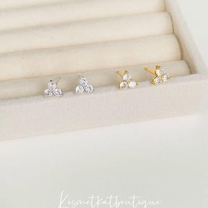 Tiny Three Dot Trio Stud Earrings in Silver or Gold, Geometric Dainty Earrings, Minimalist Zirconia Gift for Her