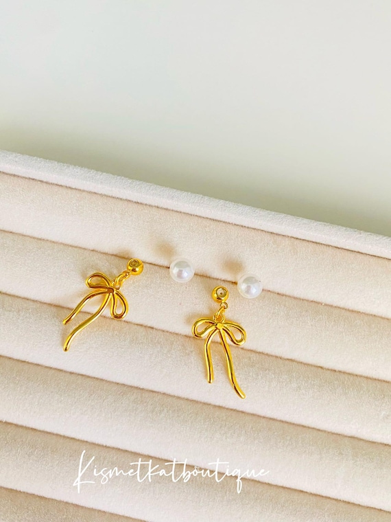 Orecchini Fiocco di Perle, Orecchini a Fiocco Delicati Orecchini Pendenti a Fiocco Alla Moda Orecchini a Bottone con Fiocco Gioielli Regali per Donne Matrimonio Compleanno (Oro